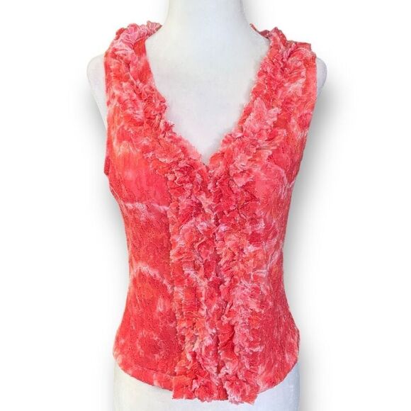 Vintage Tops - Vintage Sheer Blouse Sleeveless Ruffled Plunge Neck  Nylon Red Floral Lace Top